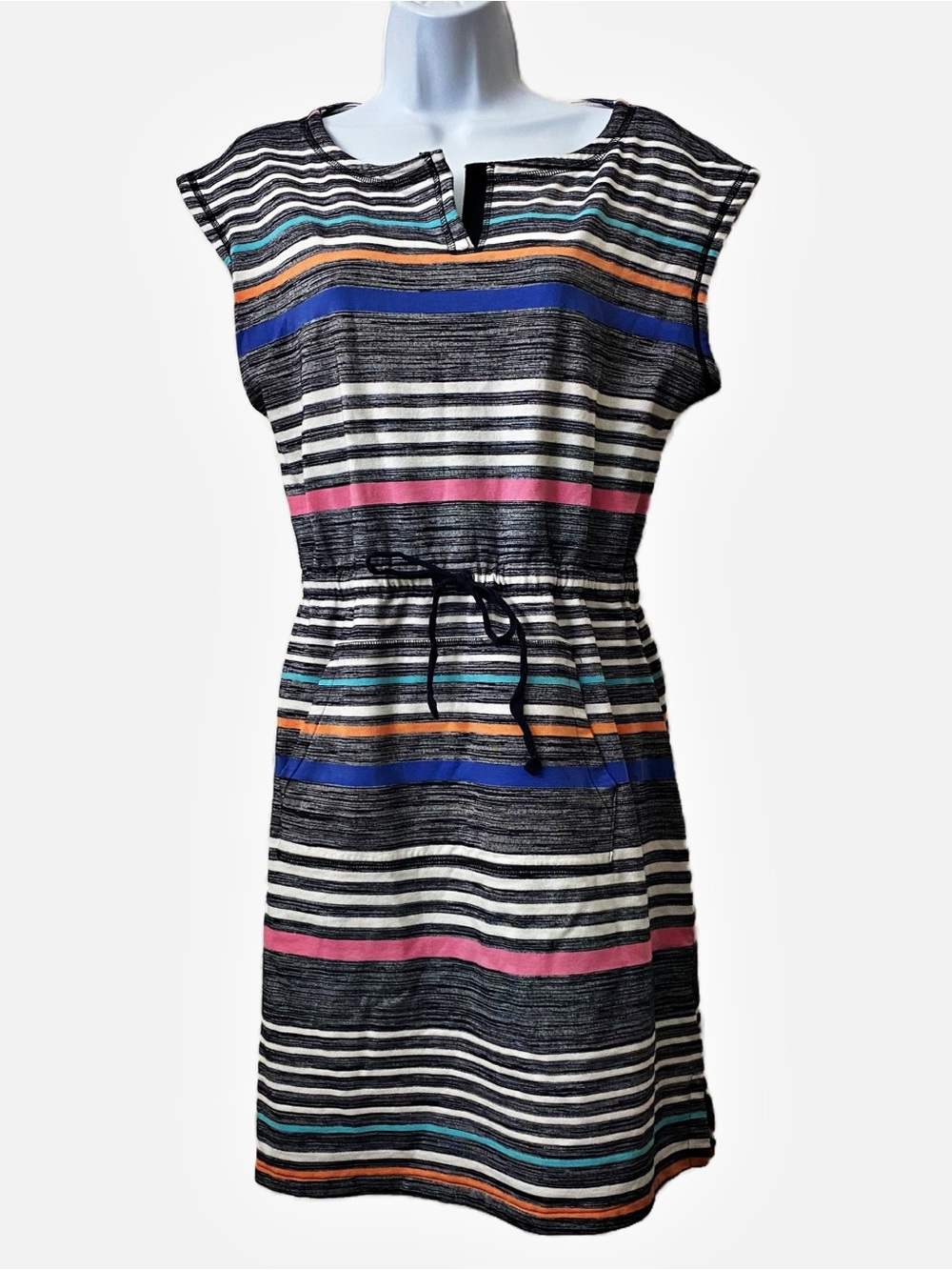 T by Talbot, Travel Casual Shift Dress Striped drawstring waist cap sleeve